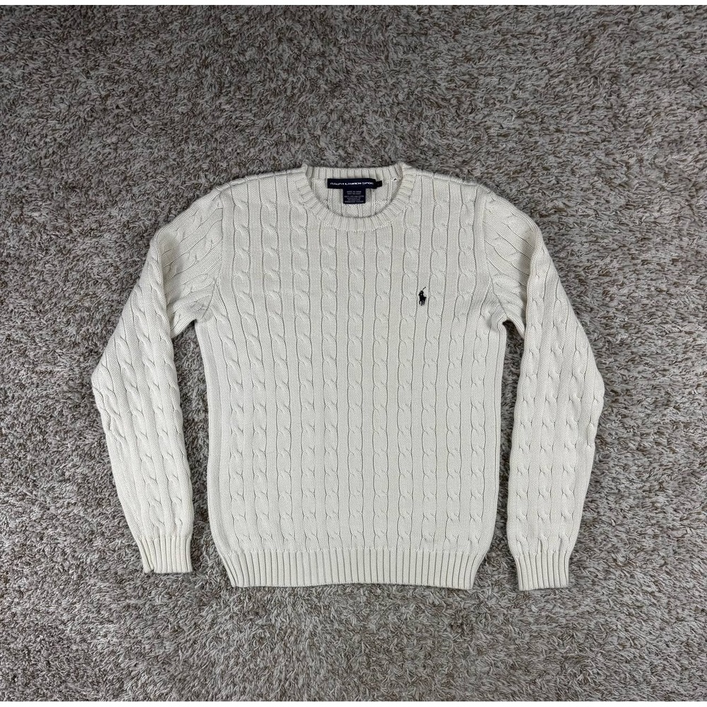 Ralph Lauren Sport Women's L Ivory Cable Knit Crewneck Sweater Pony
